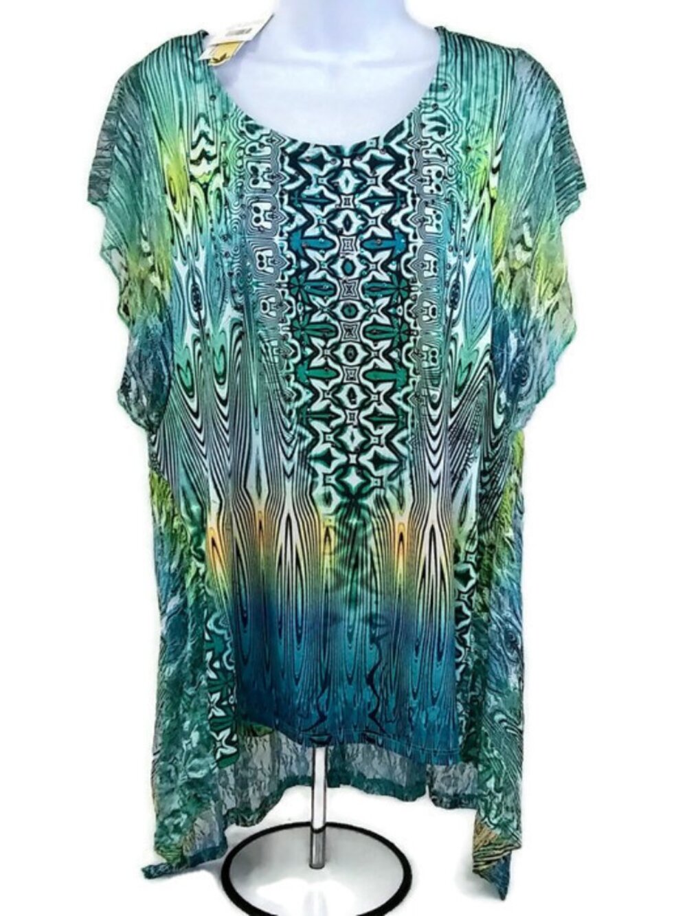 NWT Unity World Wear High Low Floral & Lace Women's Short Sleeve Blouse Small
